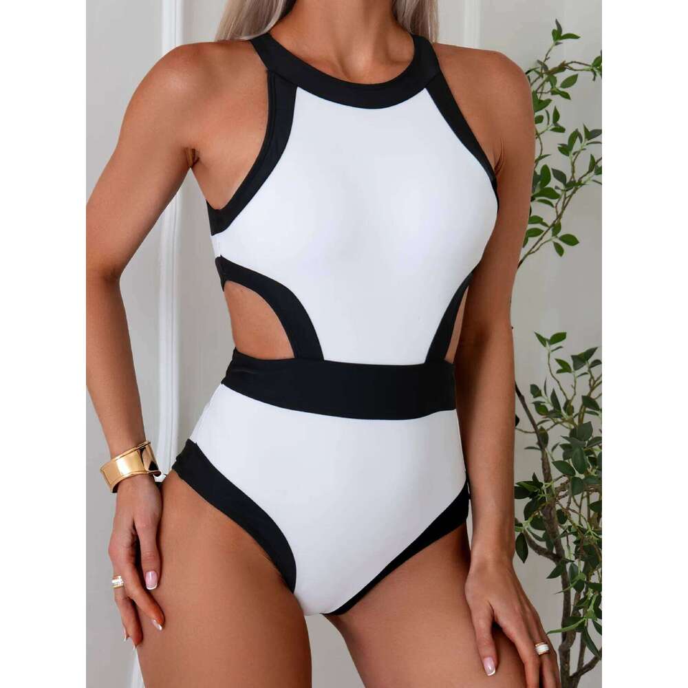 2024 New Women's Sports Black White Contrast European and American Sexy One Piece Swimsuit