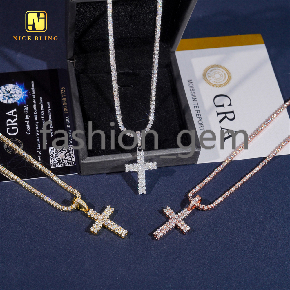 New Two Row Small Cross Pendant Moissanite Pendant Pass Diamond Tester Hip Hop Iced Out Pendant Religious Jewelry