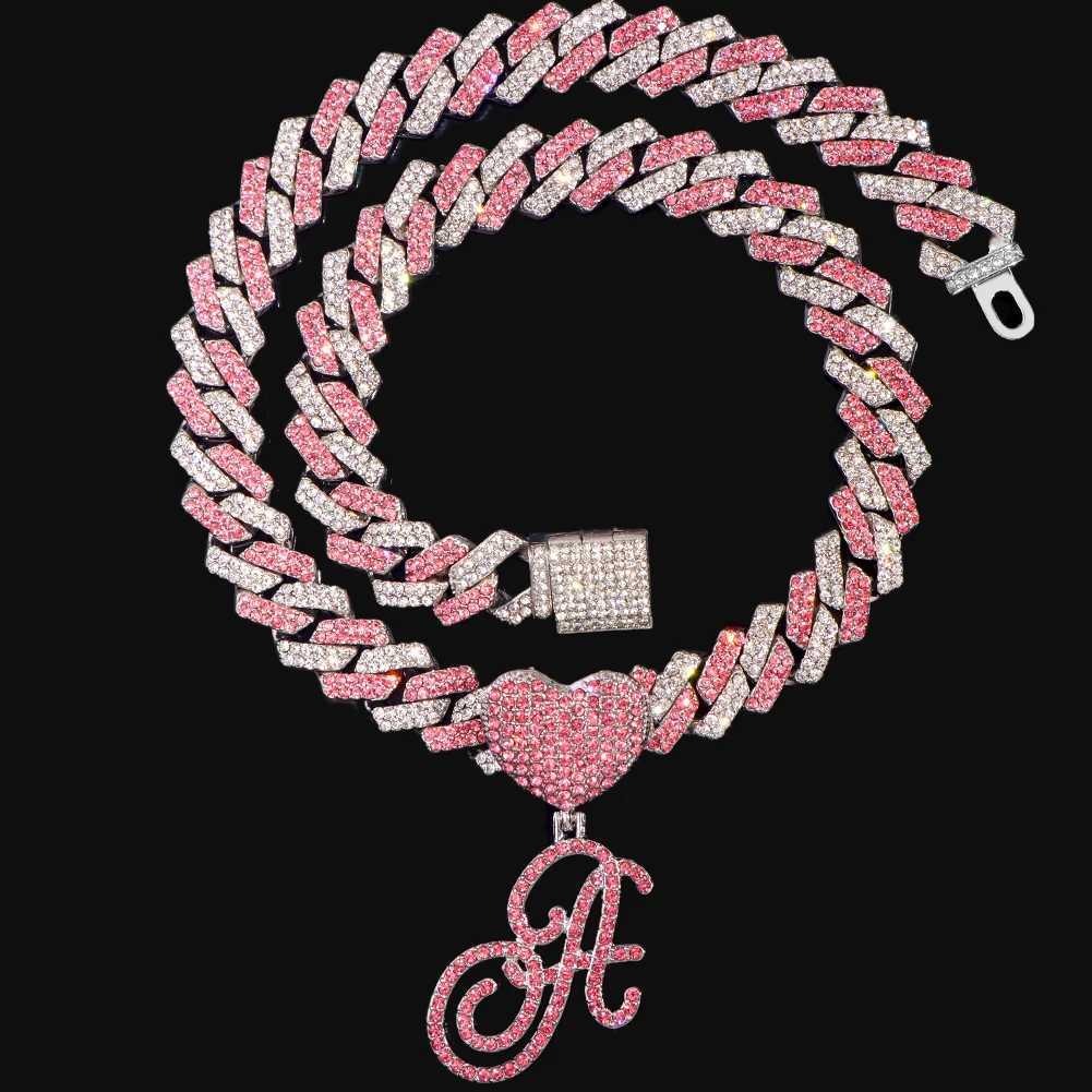 Hip Hop Bling Pink Crystal Cursive Initial Letter Cuban Necklace for Women Iced Out Paved Cuban Chain Necklace Choker Jewelry W250618