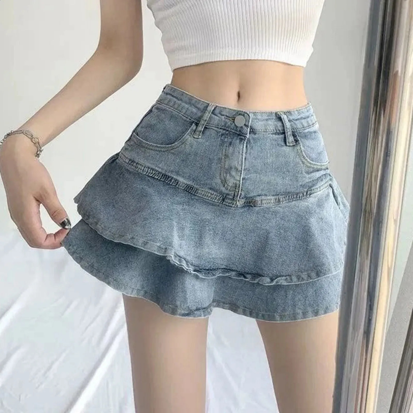 Women Summer High Waist ALine Mini Cake Jeans Skirt Vintage Washed Pleated Ruffles Layered Tiered Casual Slim Denim Streetwear 250610A