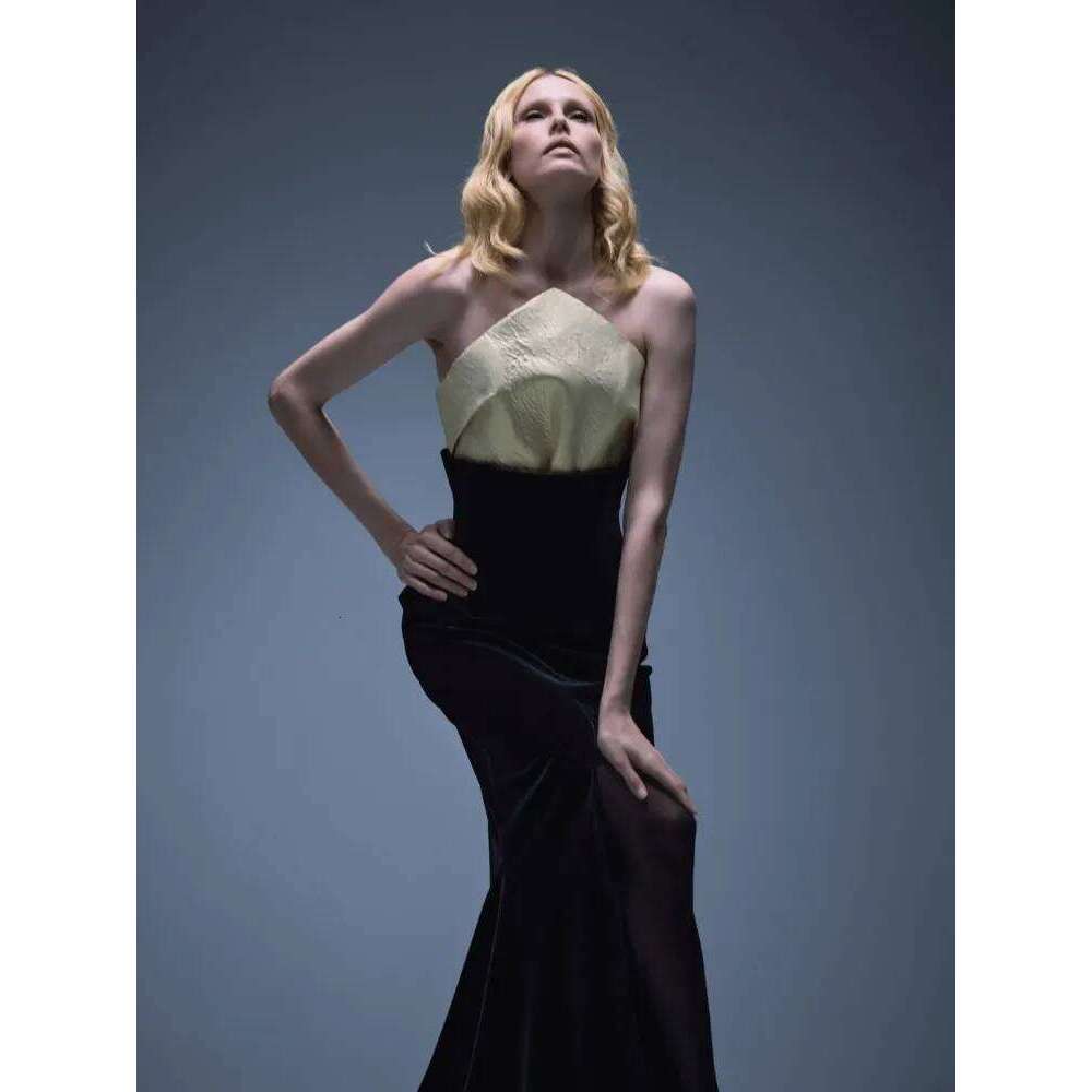 Women Celebrity Sexy Veet Strapless Patchwork Black Maxi Long Fishtail Skirts Elegant Evening Club Party Outfit