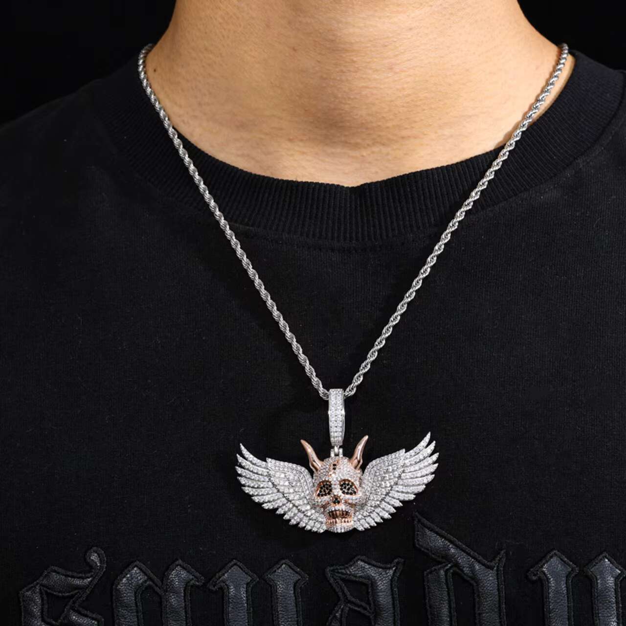 Luxury Hip Hop Solid 925 Silver Moissanite Diamond Pendant Necklace Premium Accessory with Fallen Angel Wings Demon Design