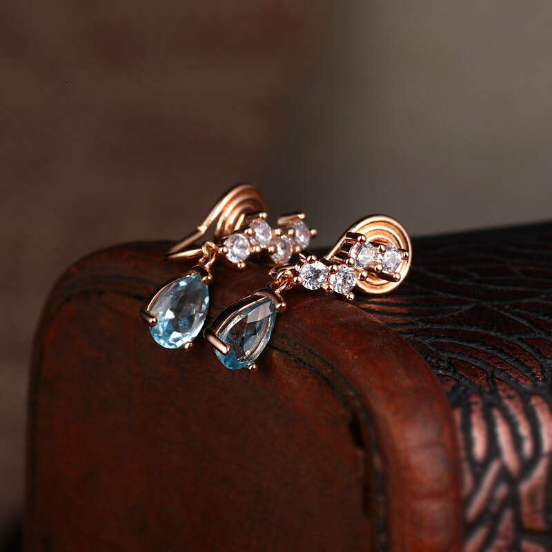 Mermaid Tears" High-End Blue Topaz Elegant Water Drop Small Earrings Painless Ear Clips for Women Without Pierced Ears Exquisite