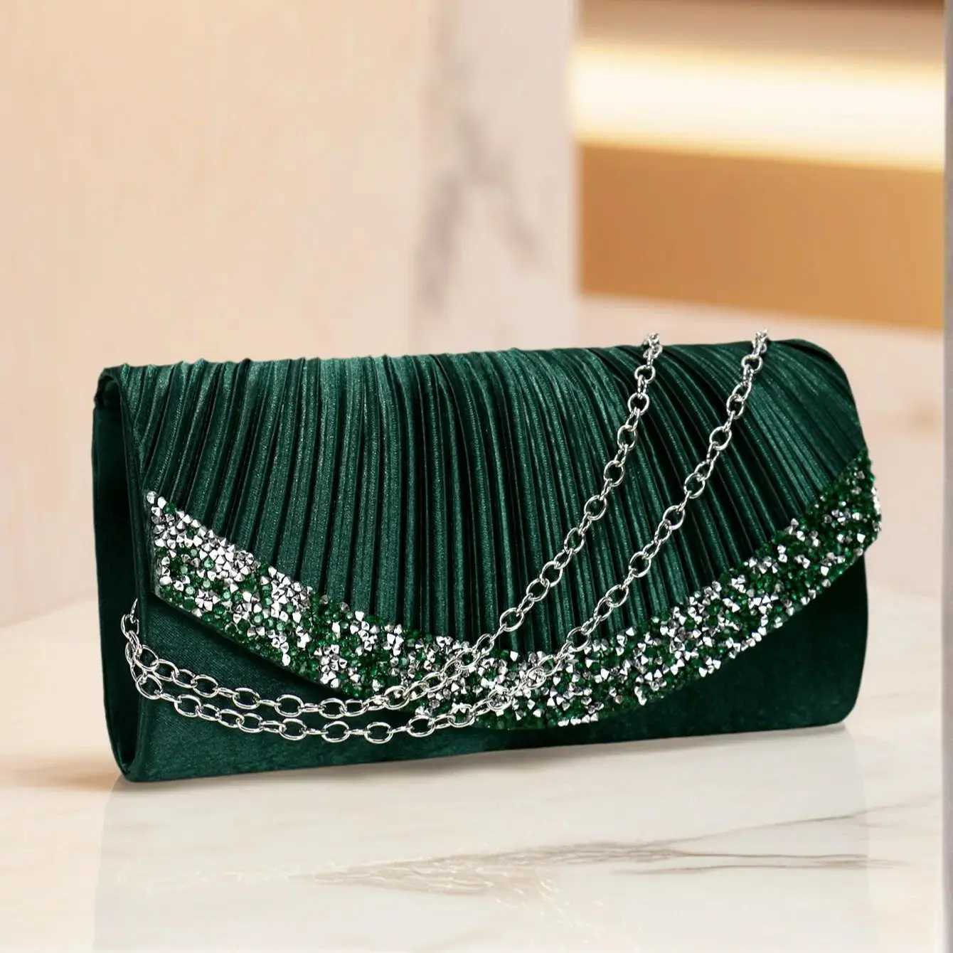 Glitter Envelope Design Women Evening Bags Satin Shoulder Chain Handbags Rhinestones Prom Banquet Purse Z250618