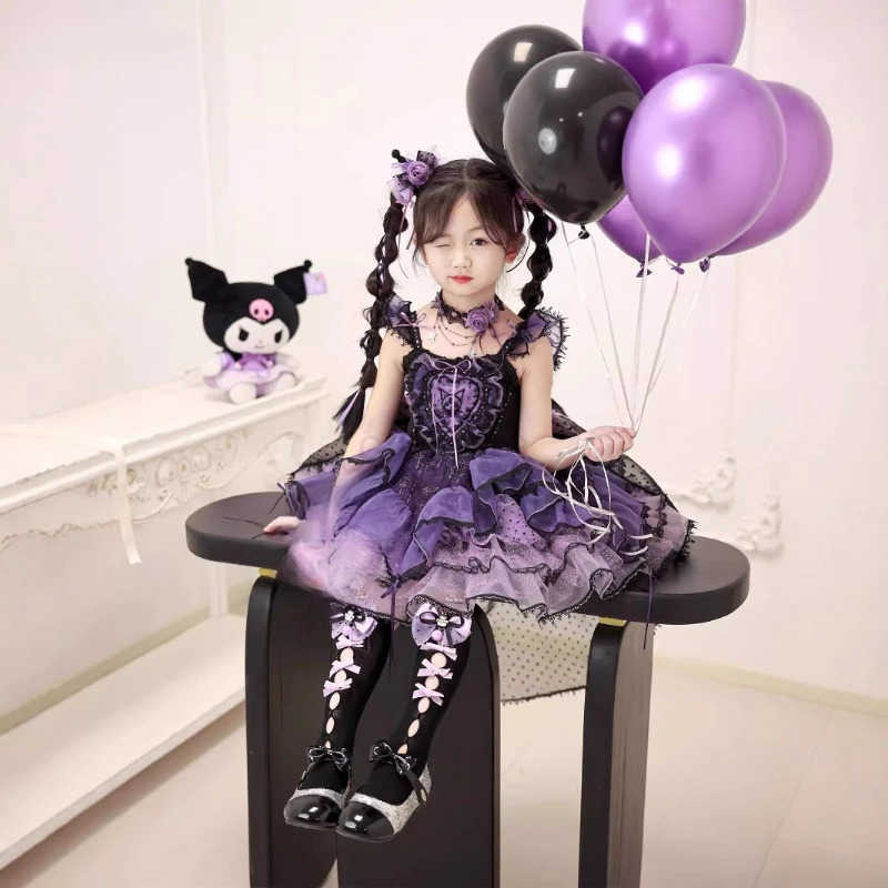 Sanrio Sanrio Cosplay Halloween Princess Dress Kuromi Lolita Spring Autumn CHILDRENS Costume Dresses Puffy Skirt Suit Cute Girls DressXJ250618