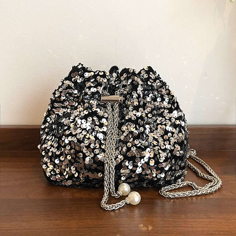 2025 Fashion Personality Sequin Drawstring Bucket Stylish Versatile Chain Shoulder Crossbody Bag