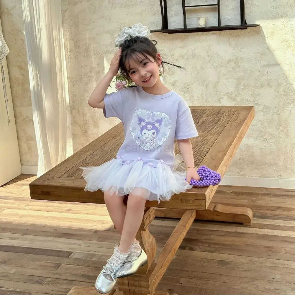 Sanrio Sanrio My Melody Girl Kuromi Short Sleeve T-Shirt Dress Cinnamoroll Summer Cute Cartoon Hot Mesh Princess Skirt Childrens Skirt XJ250618