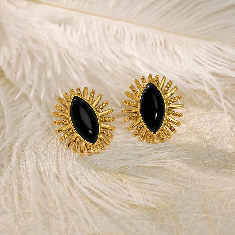 Black stone agate eye stud earrings stainless steel earrings for women elegant statement vintage jewelry non tarnish 250618