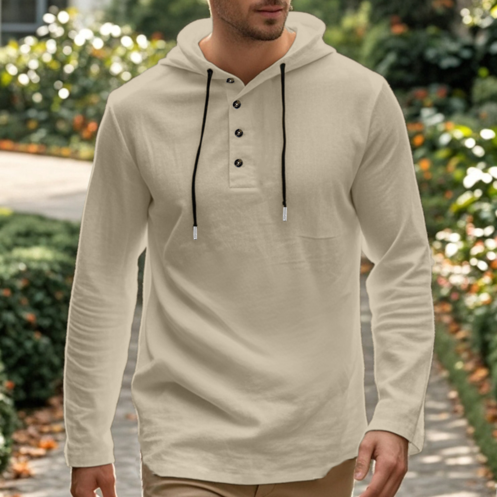 Men's linen T-shirt long-sleeved shirt casual sports top fashionable shirt hooded Henry button loose long-sleeved base shirt European code: S-3XL