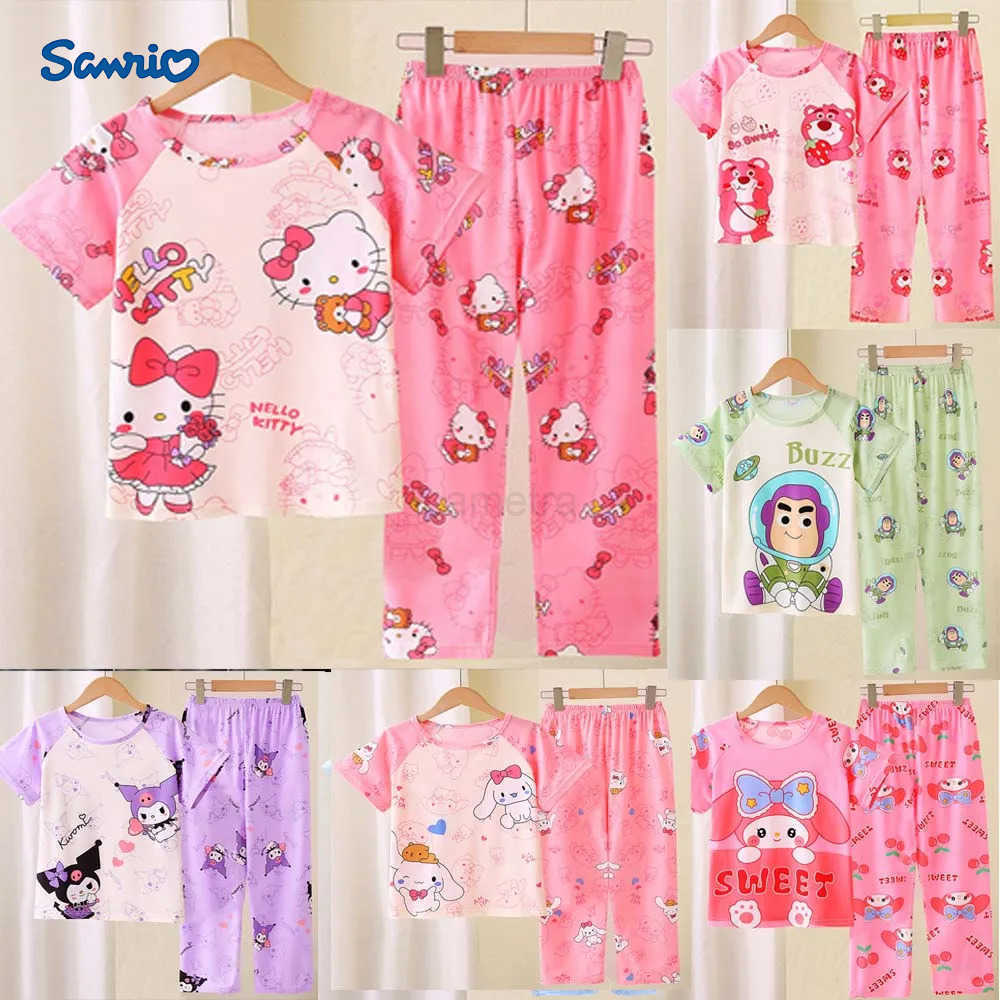 Sanrio Hello Kitty Girls Pajama Sets Short Tops+Long Pants 2 Pieces Kuromi Soft Childrens Sleepwear Kids Pajamas Suits Nightwear XJ250618XJ250618