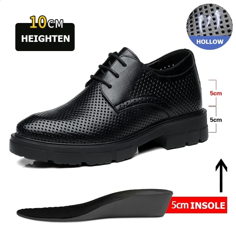Men Hollow Summer Platform High Heel 5810 CM Height Growth Formal Derby Leather Shoes Man Wedding Dress Elevator 250612