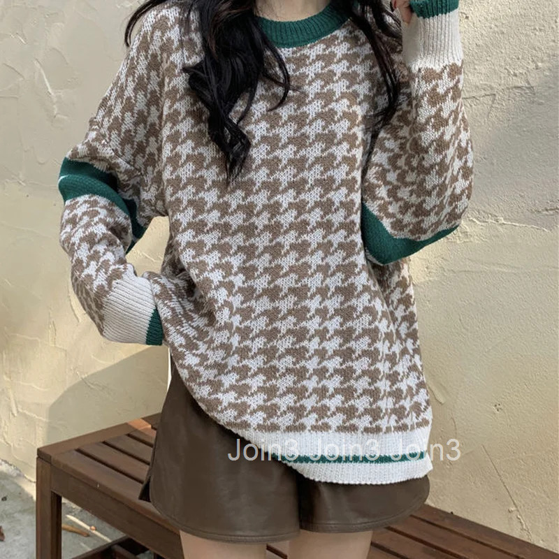 Plaid Graphic Brown Knit Tops For Woman Round O Neck Womens Sweater Modern Jersey Elegant Hot Offers Y2k Vintage Korean Style