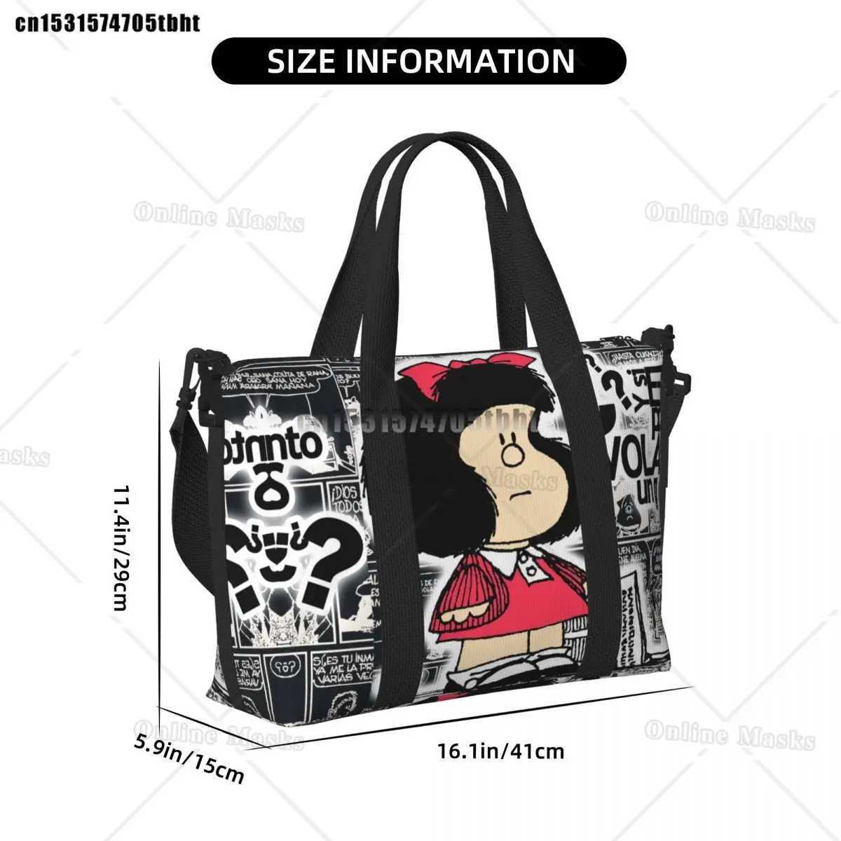 Vintage Quino Cic Mafalda Tote Bag Wen Large Capacity Cartoon Beach Gym Shoulder Travel Bag B250618