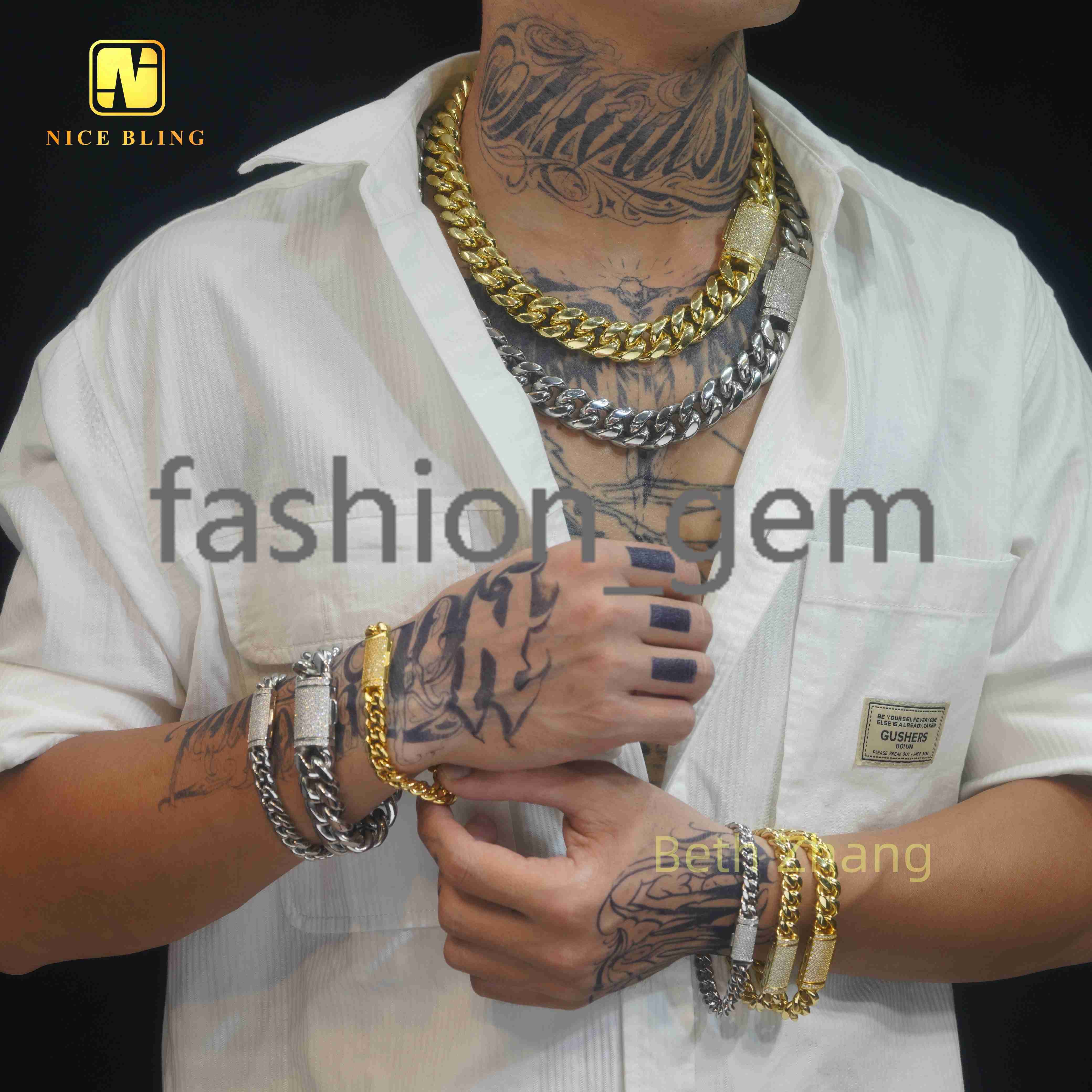 Wholesale 925 Silver Lock+moissanite 18k Gold Plated 925 silver 925 silver 8mm 10mm 12mm 14mm Cuban Necklaces Bracelets for Men Women