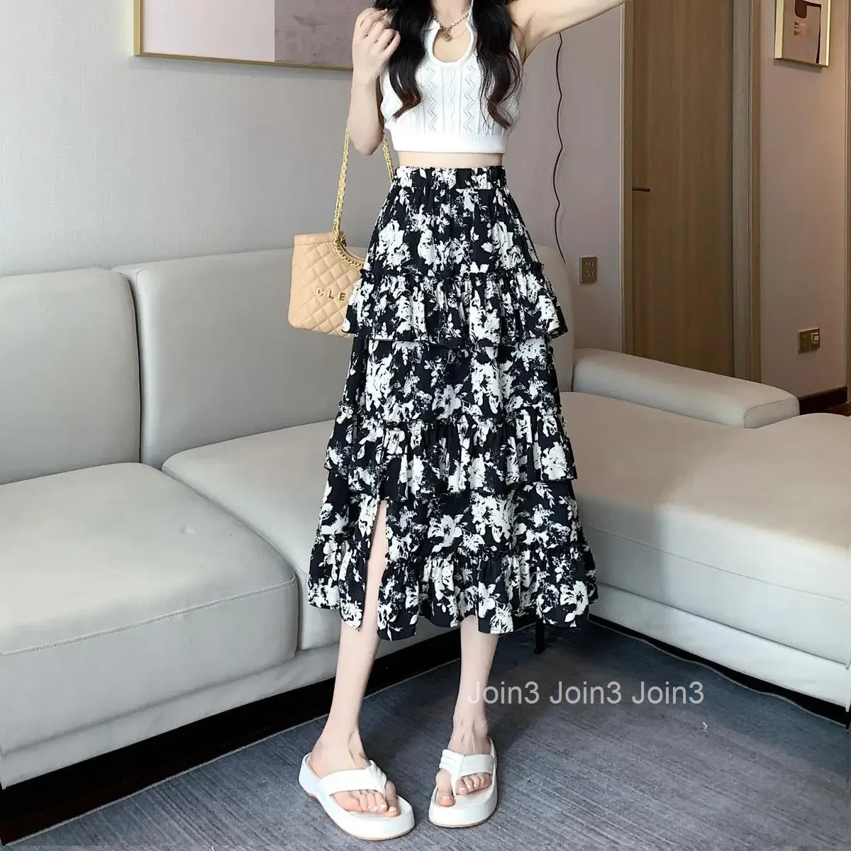 Woman Skirt Midi with Slit Floral Ruffle High Waist Casual V Clothing Trend 2025 Summer Vintage A Line Premium Skirts for Women