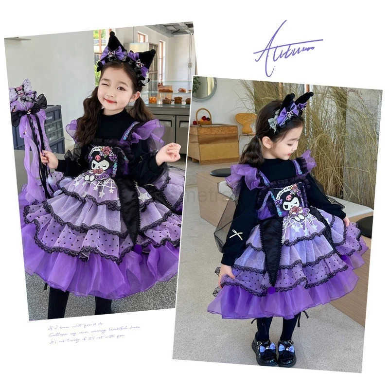 Sanrio Cartoon Kuromi Melody Cinnamoroll Dress Girls Kawai Lolita Princess Skirt Four Season Slip Dress Cosplay Party Costume Kids GiftXJ250618