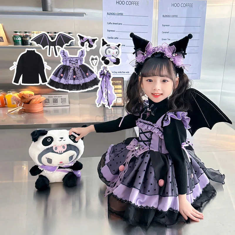 Sanrio Sanrio Kuromi Kawaii Lolita Dress Spring Autumn Girl Cute Cosplay Clothing Halloween Birthday Party Role Play Tutu Dress XmasXJ250618