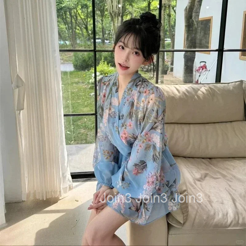 Female Dress New In Floral Chiffon Loose On Promotion Elastic Y2k One-piece Casual Youth Aesthetic G Womens Long Sleeve Dresses
