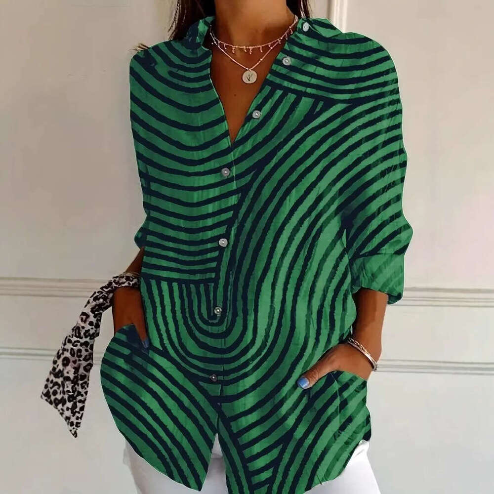 Spring New Turn-Down Collar Mid-Sleeve Casual Shirt Women's Creative Floral Print Blouse B5