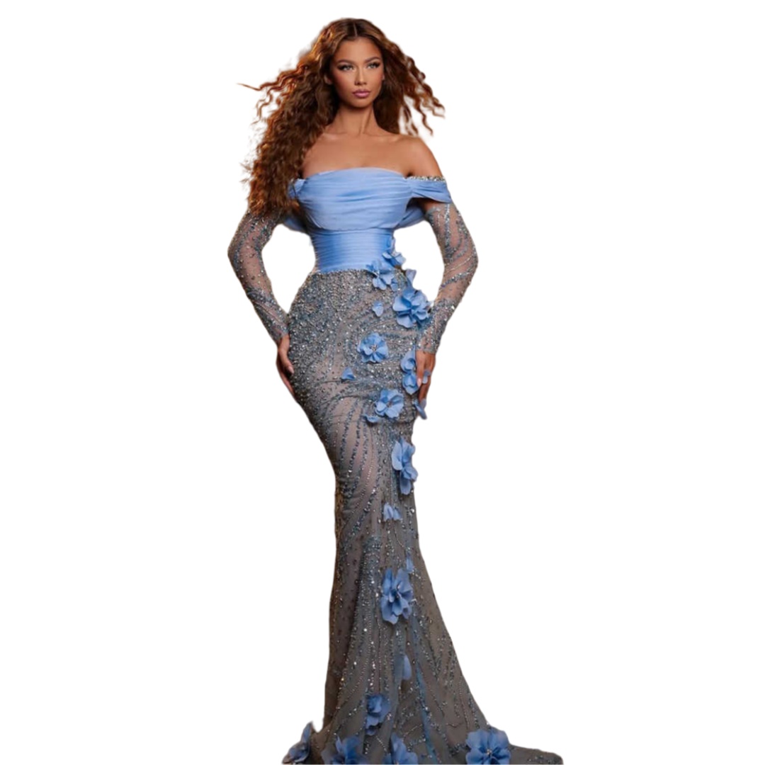 Mermaid Evening Dresses Sleeveless Prom Gowns Strapless Sequins Beaded Pearls Appliques 3D Lace Flowers Prom Dress Customized Vestido De Novia
