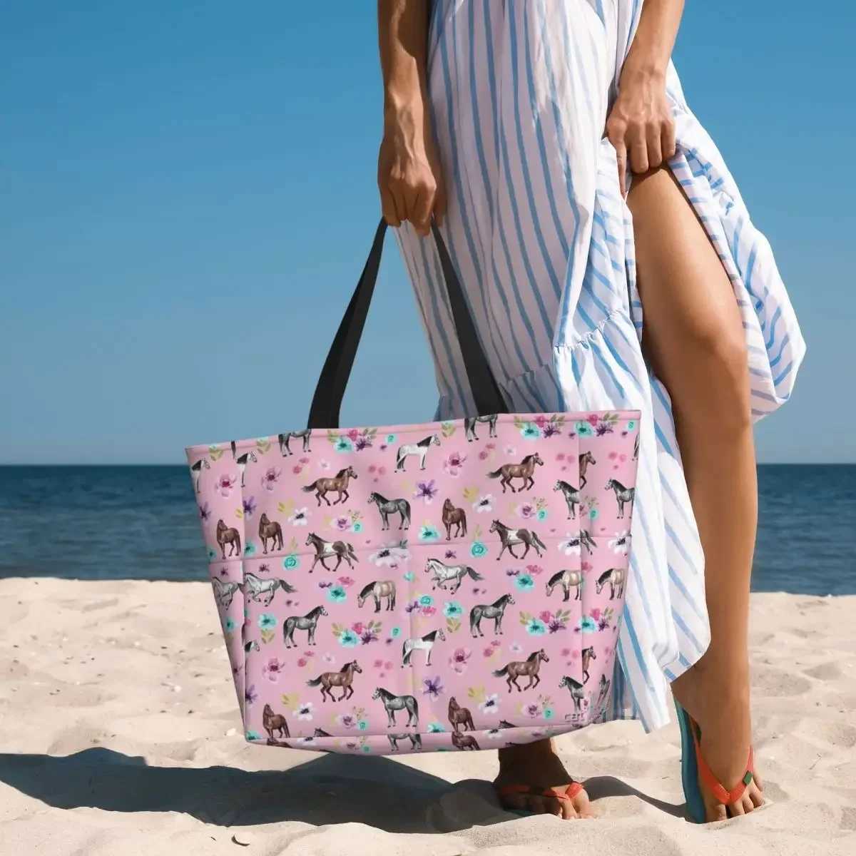 Horses And Flowers On Pink Equestrian Art Beach Travel Bag Tote Popular Large Capacity Out Birthday Gift Multi-Style Pattern W250618