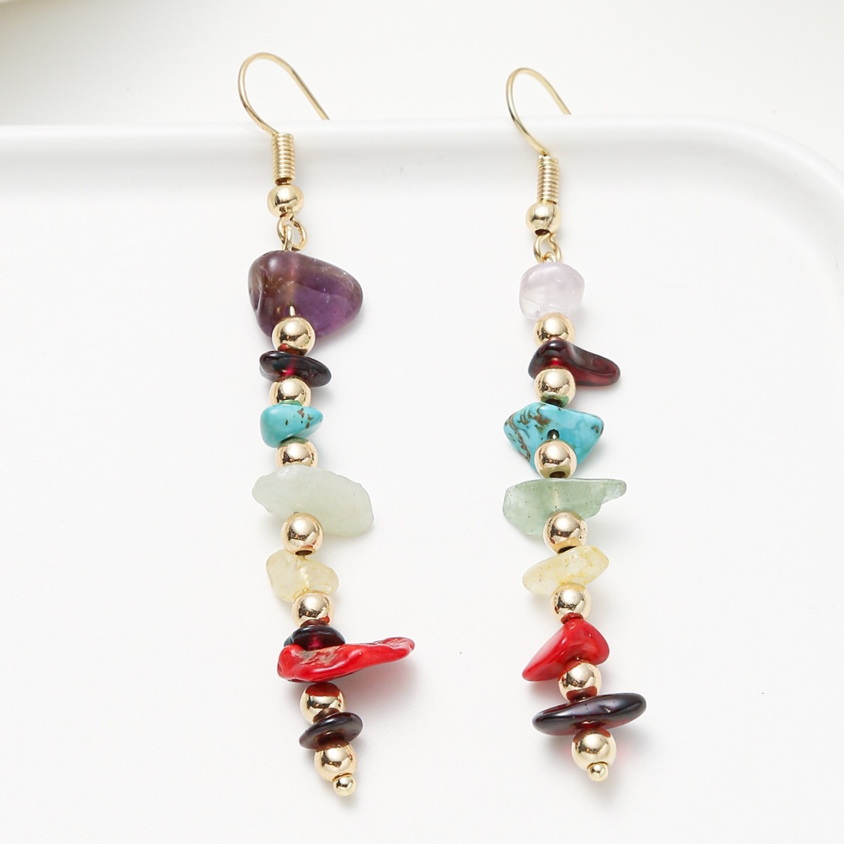 Creative Irregular Personality Inlaid Colorful Natural Stone Studs Versatile Beaded Drop Earrings