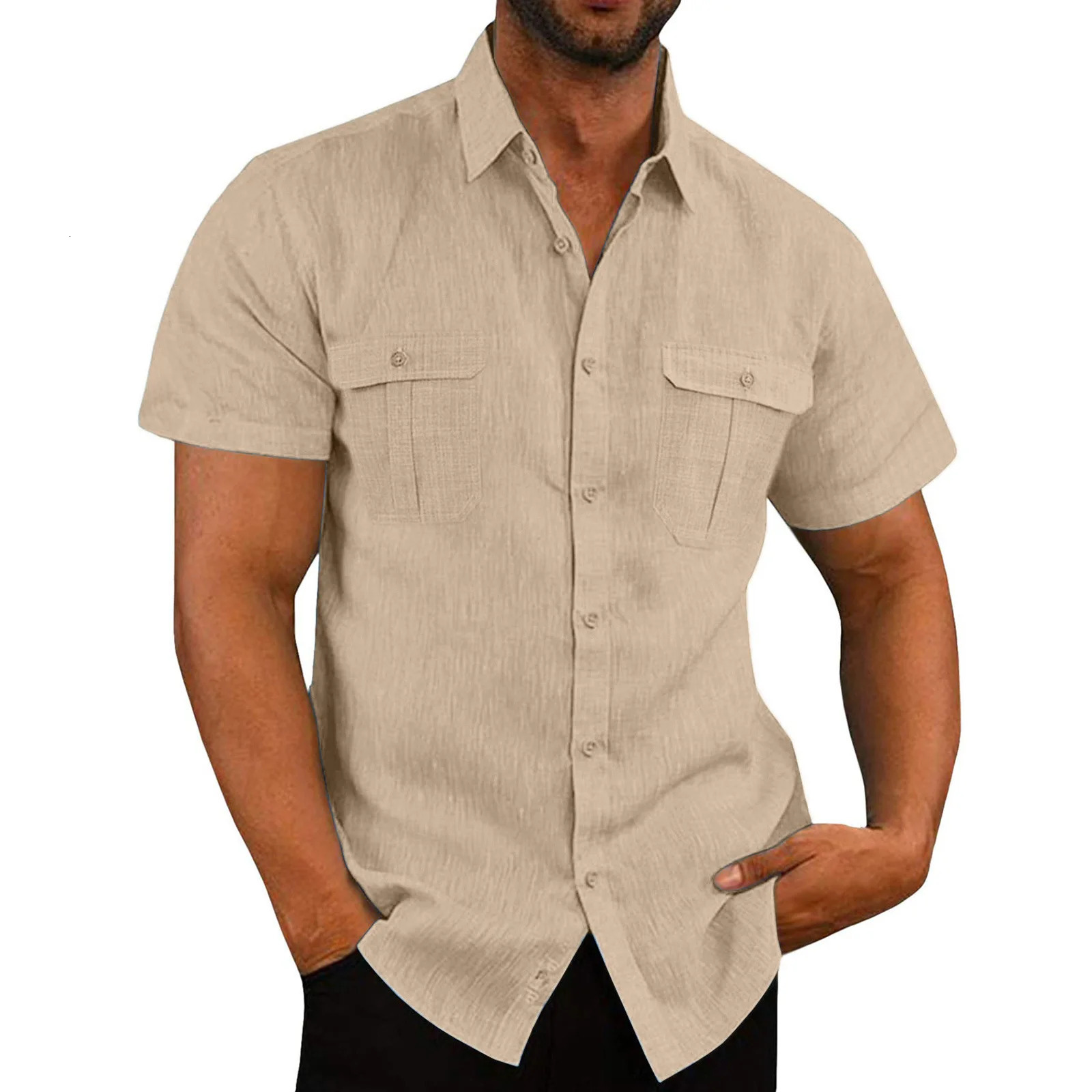 Mens Shirt Double Pocket Cotton Linen Short Sleeve Shirts for Men Casual Holiday Beach Shirt streetwear Solid Color Slim Fit 250616