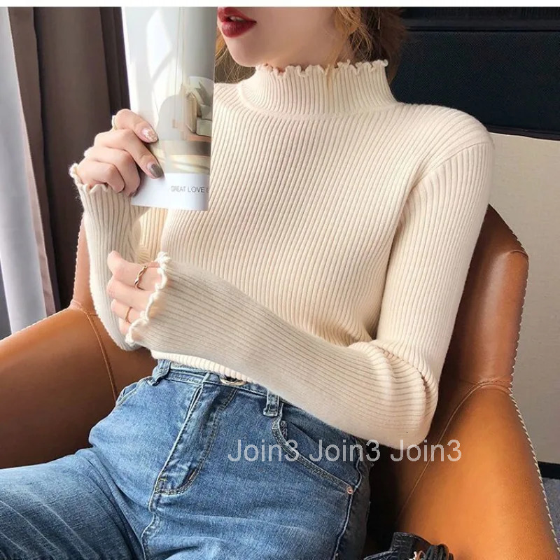Gigh Neck Jerseys Womens Sweater Kawaii White Knit Tops for Woman Cute Turtleneck Jersey Clothing 90s Vintage Harajuku Fashion