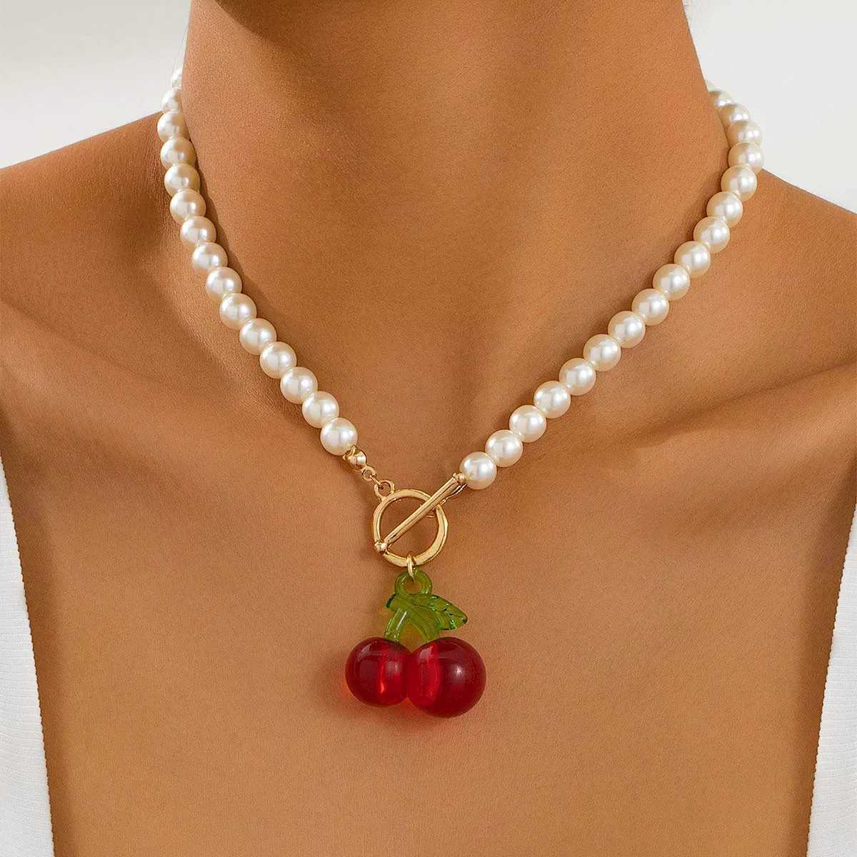 New Beads Womens Neck Chain Pearl Choker Necklace Gold Color Goth Choker Jewelry On The Neck Cherry Pendant Collar for Girl W250618
