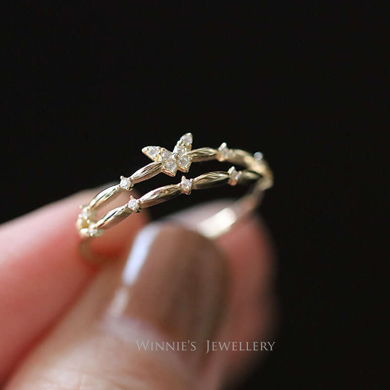 Butterfly Double Layer for Women, Minimalist Style, Light Luxury Sparkling Diamond Ring, Simple Fashion Versatile Niche Design Open Ring
