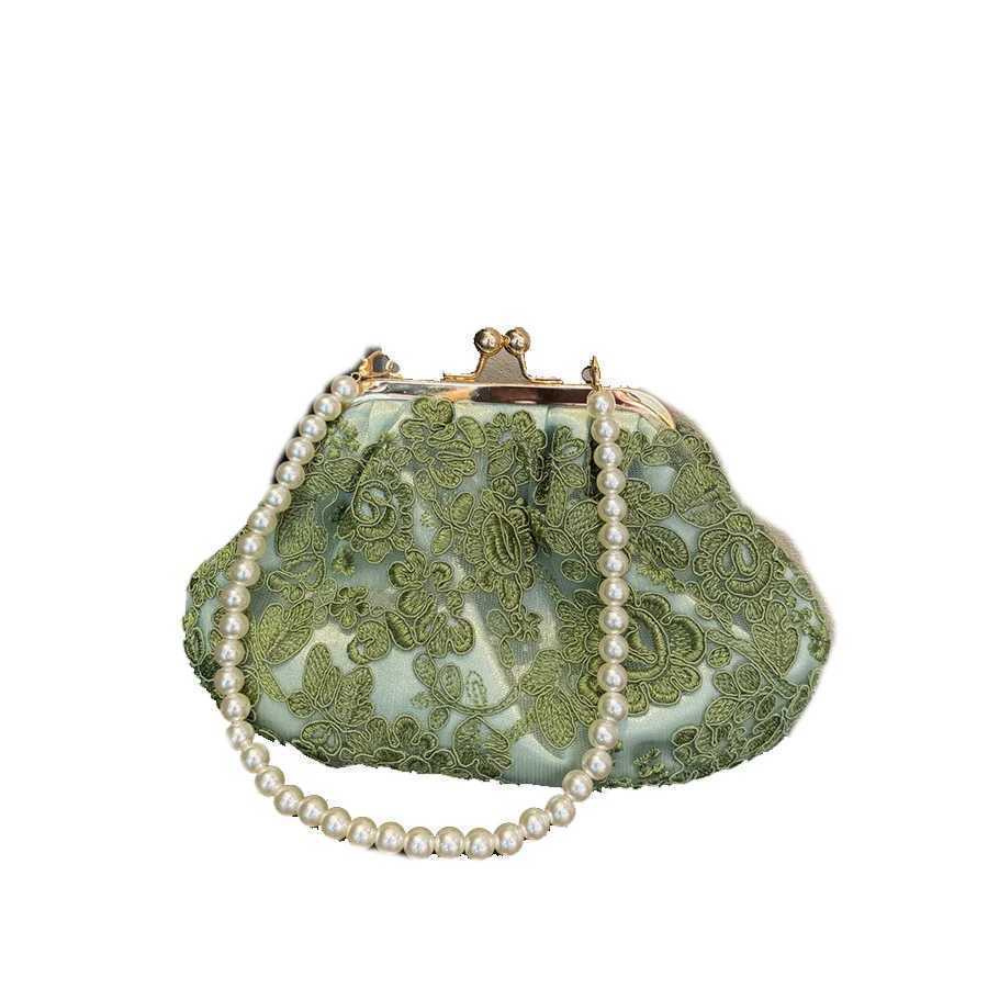 Vintage Green Floral lace Embroidery Clutch bag summer Pearl handbag with pearl chain single shoulder bag shell clip Totes Z250618
