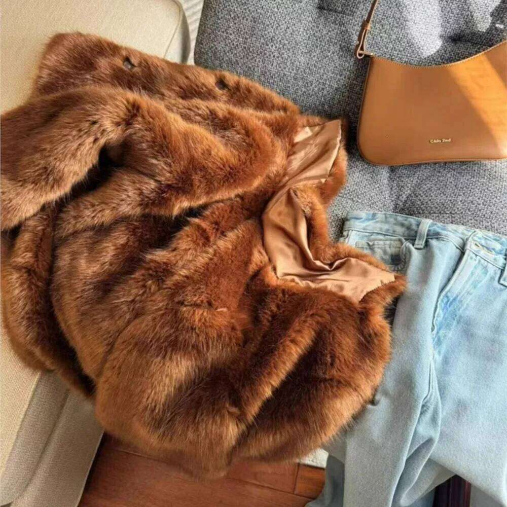 Winter Brownorange Turn down Collar Lapel Hairy Shaggy Faux Fur Coat Women Covered Buttons Full Sleeve Furry Short Outerwear
