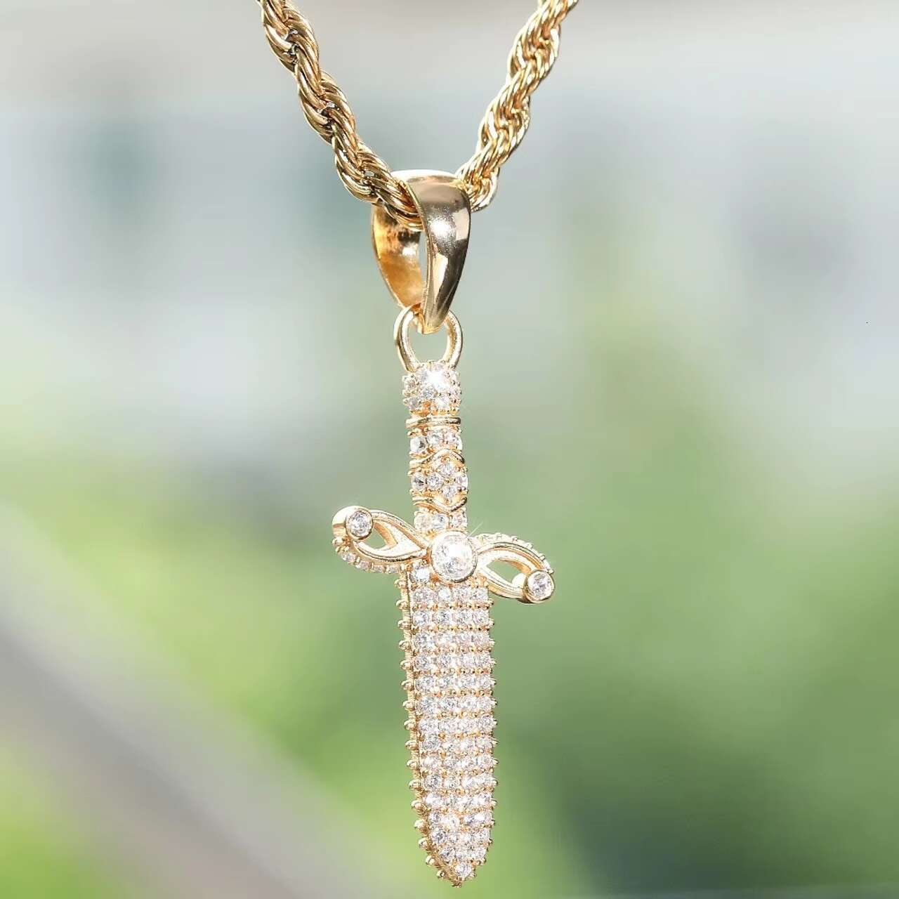 New Arrival 18K Gold Hip Hop Style Necklace Custom Mini Dagger Pendant Trendy Mens Moissanite Jewelry Featuring Natural