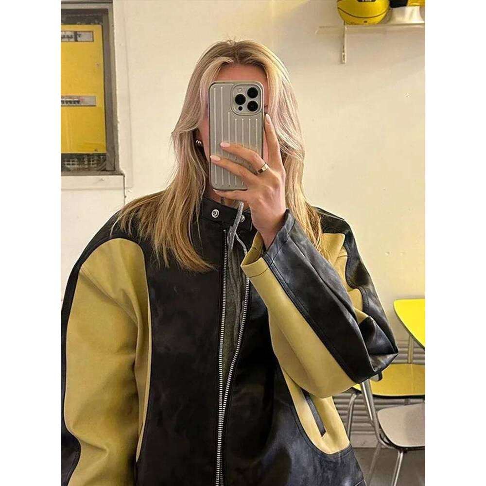 Vintage PU Leather Motorcycle Loose Short Coat Women Color Patchwork Biker Jackets Street Trend Blouse Bomber Jacket