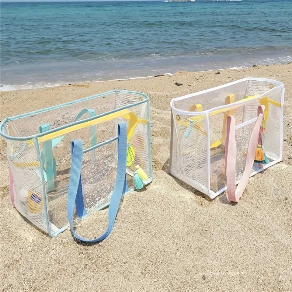 Capacity Transparent Mesh Beach Tote Bag - Waterproof Sandproof Ideal for Beach Sports Toy - Durable Clear PVC Design B250618