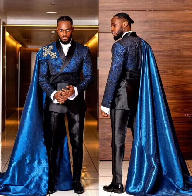 Fashion Modern Men Suit Cross Skull Beetle Applique Shawl Lapel Groom Wear Halloeen Party Tuxedo 3 Pcs (Jacket+Pant+Cape) Customized
