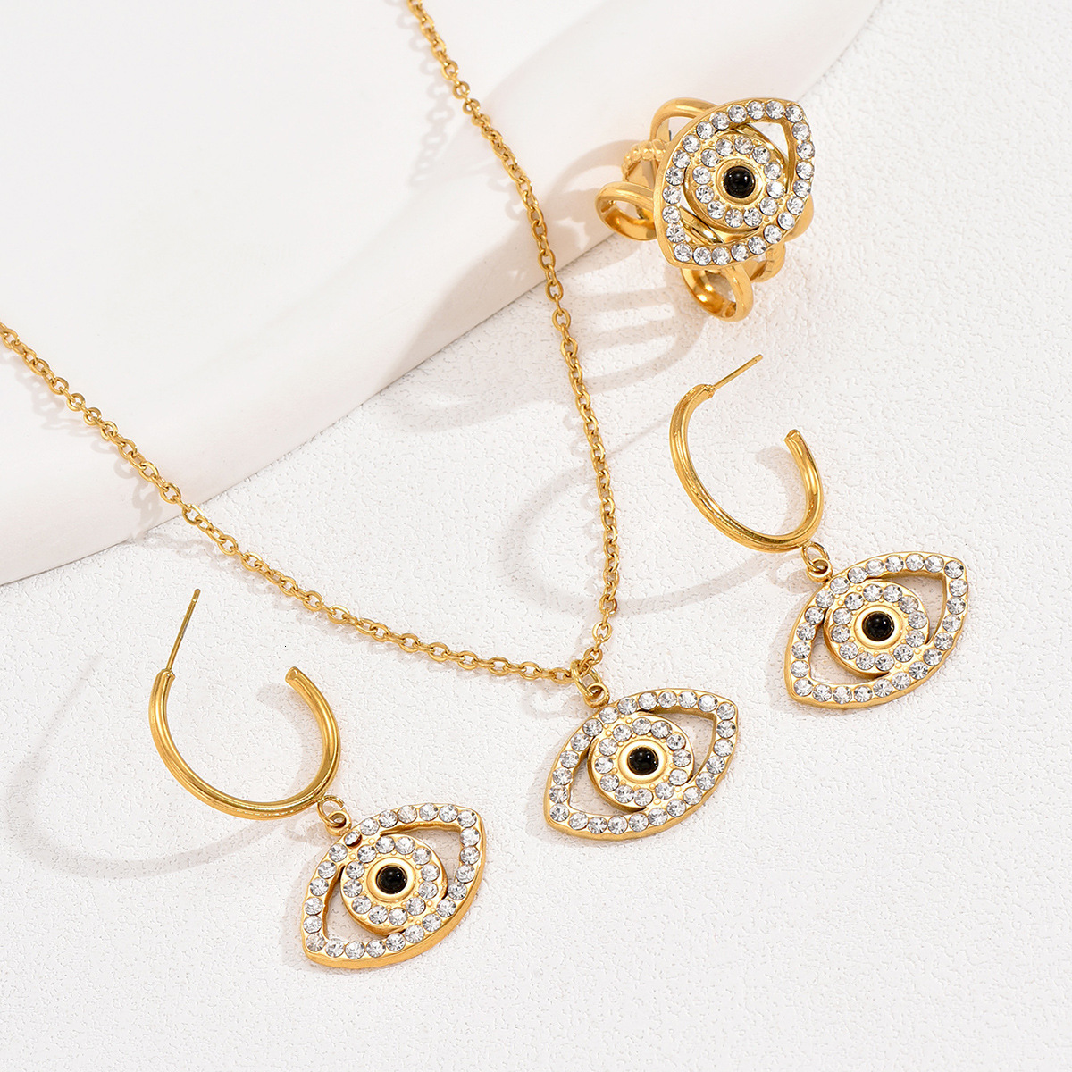 Necklace Set Demon Eye Inlaid Zircon Personality Design Clavicle Chain Versatile Ring Fashion Earrings for Women