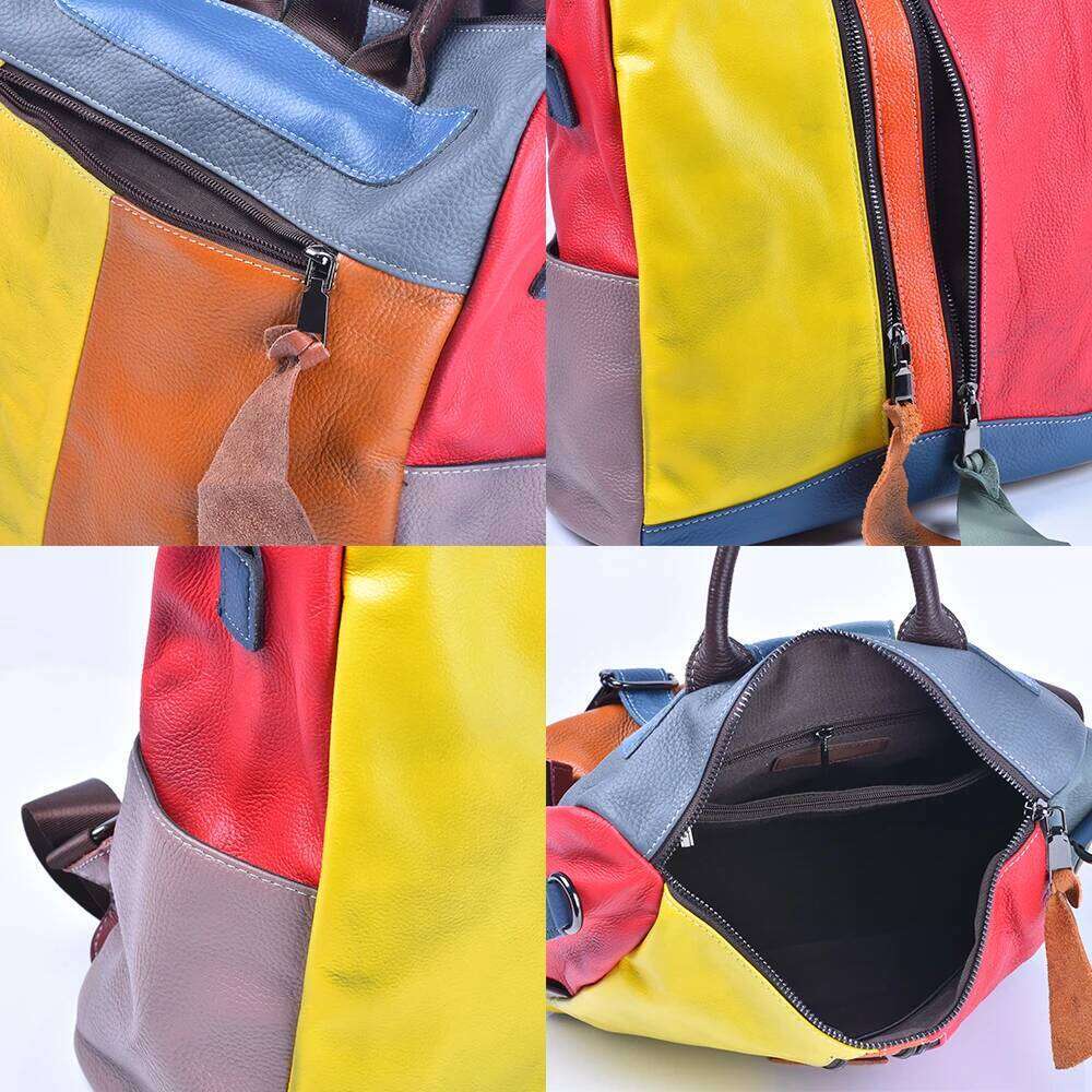 Genuine Leather Cowhide Women Backpack Colorful Vintage Clash Casual Handmade Women's Shoulder Bags