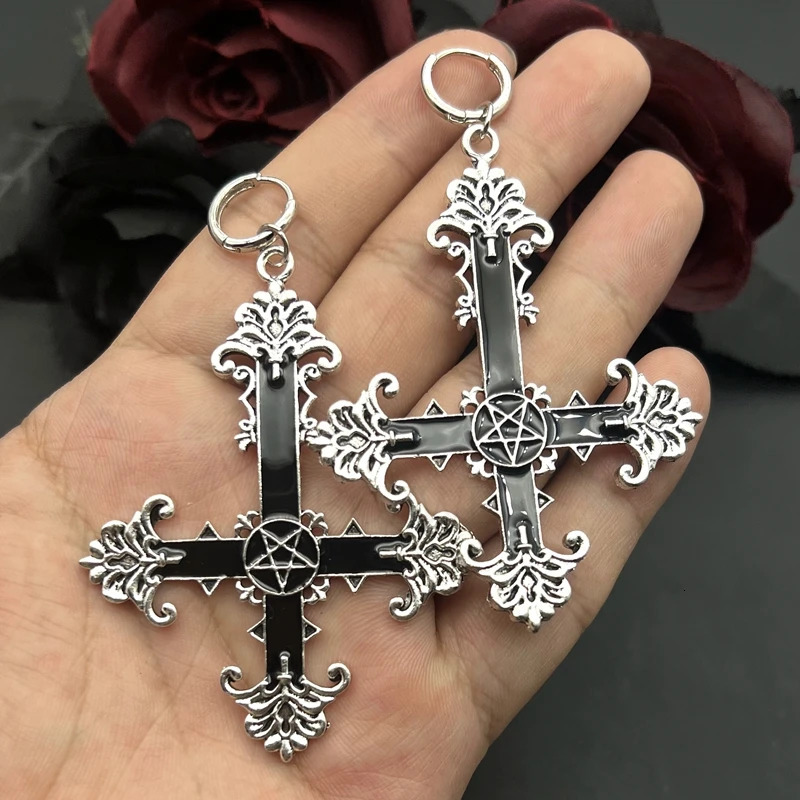 Gothic Large Silver Colour Enamel Cross Earrings with Black Punk Hallowmas Jewellery Gorgeous Wedding Statement Women 250617