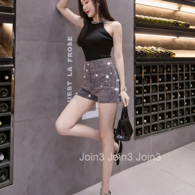 Shorts for Women Sequin Woman Short Pants with Rhinestones Black High Waist Kpop Y2k Vintage Cheap Outdoor Wholesale Stretchy XL