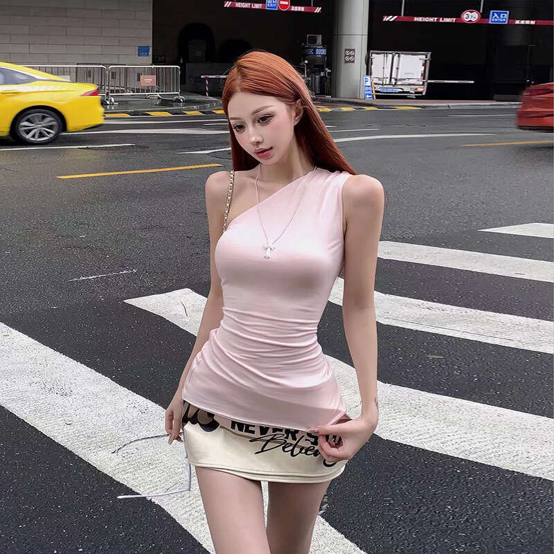 Summer New Women's Solid Color Slim Fit Single Shoulder Sleeveless Top Fashion High Waist Skirt B5