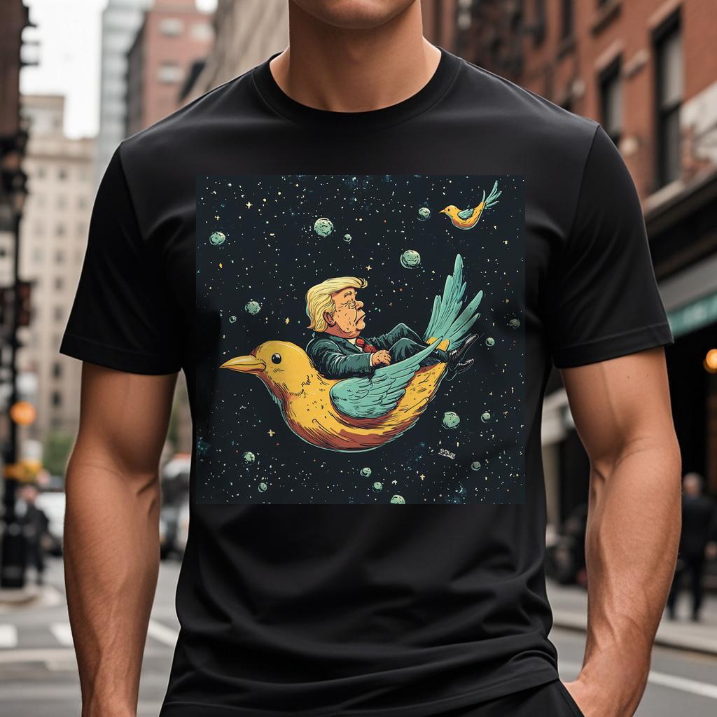 Dongdumaoyi T-Shirt With An Illustration Of Man Sitting On A Bird S-3Xl Short Sleeve