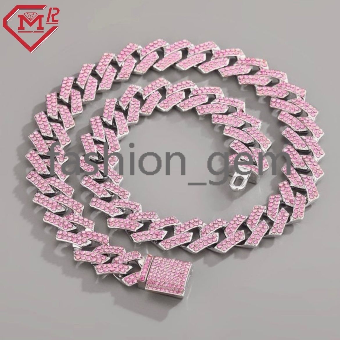 Iced Out Hiphop Cuban Link Chain Pink Stone 15mm Bracelet Necklace 925 Silver Moissanite Cuban Chain