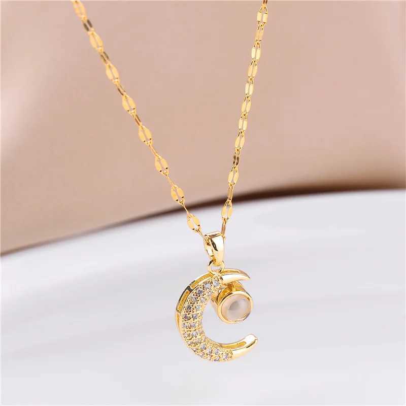 Korean Fashion Cute Crystal Moon Pendant Necklace For Women Romantic Female Stainless Steel Clavicle Chain Jewelry W250618