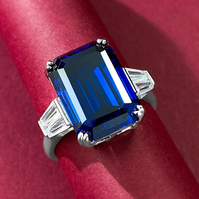 S925 Sterling Silver Emerald Cut Ring 10x14mm Royal Blue Gemstone
