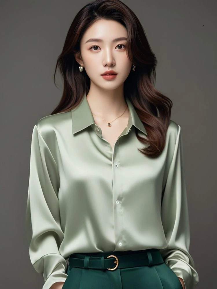Elegant Silk Office Shirts Women Korean Fashion Y2k Clothes Slim Long Sleeve White Black Blusas Mujer Workwear Tops and Blouses 250617