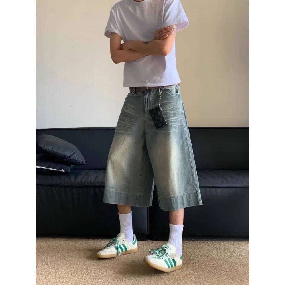 Wear HOUZHOU Women Washed Blue Jeans Vintage Y2k Long Jorts Baggy Haruku High Waist Korean Streetwear Wide Leg Denim Shorts