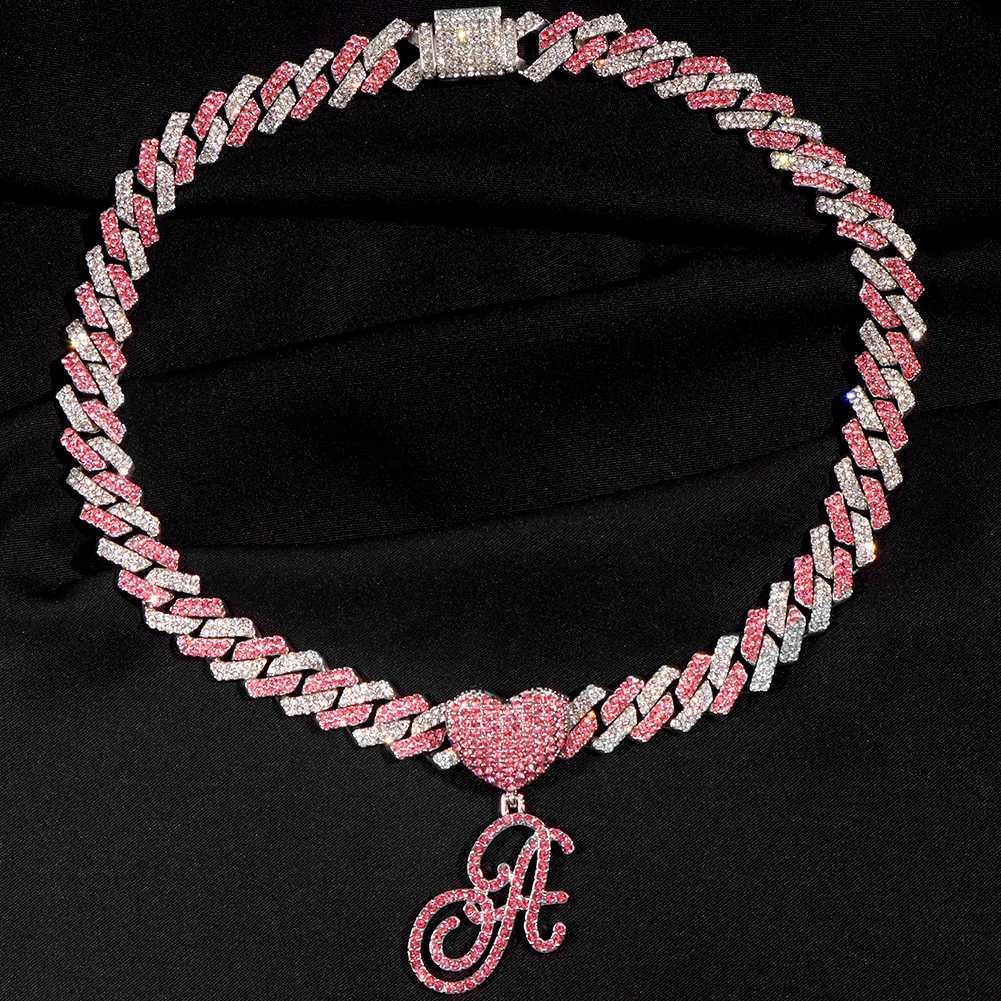 Hip Hop Bling Pink Crystal Cursive Initial Letter Cuban Necklace for Women Iced Out Paved Cuban Chain Necklace Choker Jewelry W250618
