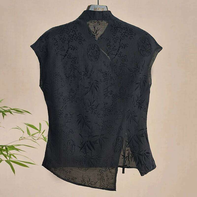 Retro Thin Shirt New Chinese Style Cheongsam Top Black Jacquard Short Sleeve T-Shirt Summer Mature Fashion Women's Clothing