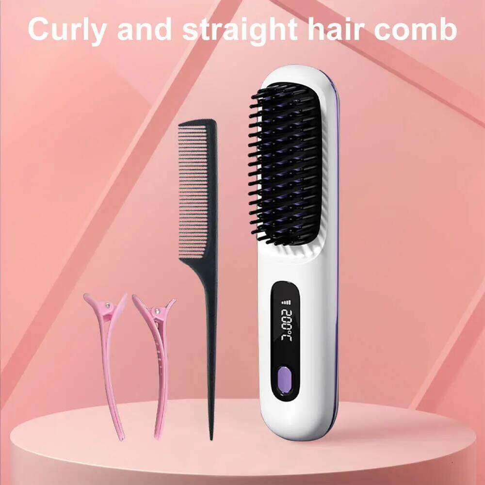 Cordless Straightener Anti-Scald Hair Comb 3 Temp Settings Portable Straightening Brush for Women